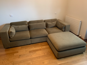 4 Seater Chaise Corner Sofa with matching footstool- Khaki Green Velvet- Reversible